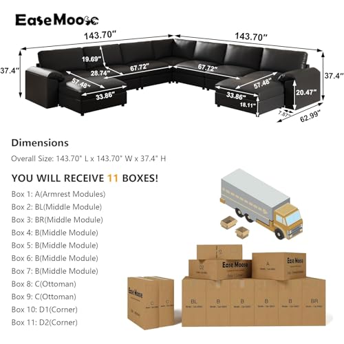 Image of EASE MOOSE Faux Leather Sectional Couch with Ottoman, Oversized Modular Sofa, Vintage Comfy Modular Couch, Scratch Resistant Material Sofas, U Shaped Couch for Living Room, Black