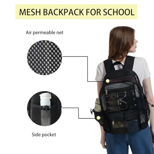 Mesh Backpack Heavy Duty for School, 24L Large Mesh Bookbag for Adults, Black School Bag with Comfort Padded Straps for Work Swimming Beach Fitness Sport4