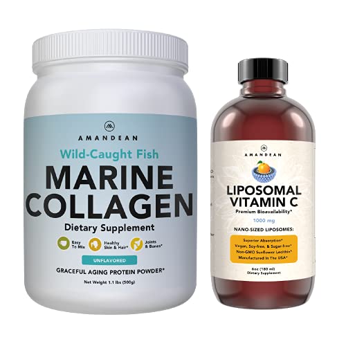 Marine Collagen Powder + Vitamin C - Perfect Skin From Within Combo. Wild-Caught Cod Fish Peptides, Liposomal Vit C Liquid 1000Mg. Boost Production And Synthesis For Healthy Aging, Beauty, Wellness. #TOP23
