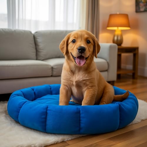 Image of Round Donut Dog Bed - Washable Plush Cushion Pet Bed with Raised Rim Support, Non-Slip & Cozy Sleeping Mat for Cats, Puppies & Small Dogs (19x19 Inch, Blue)