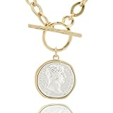 Husykam Chunky Coin Antique Gold Plated Thick Link Chain Layered Pendant Necklace for Women 18 Inch Trendy Toggle Chain Necklace Gift for Women (Worn Gold & Sliver)