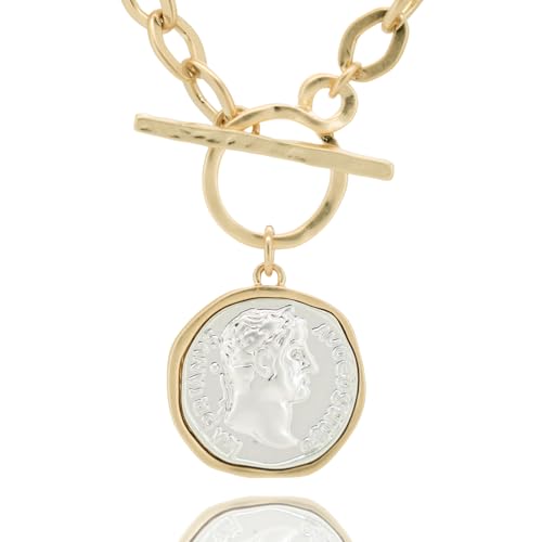 Chunky Coin Antique Gold Plated Thick Link Chain Layered Pendant Necklace for Women 18 Inch Trendy Toggle Chain Necklace Gift for Women