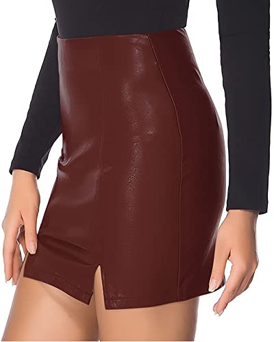 Image of MANGOPOP Women's Basic High Waist Faux Leather Bodycon Mini Pencil Skirt (A011 Wine Red, X-Large)
