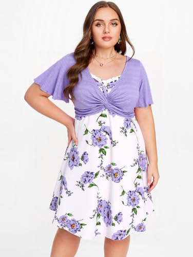 Image of Rosegal Plus Size Women Cottagecore 2PC Floral Sundress Set | Flutter Sleeves Twisted Crop Top, Cottagecore Floral Cami Dress, Vintage Midi Dress Set, Sleeveless Midi Dress
