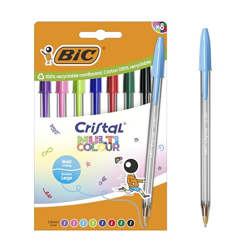 BIC Cristal Multicolour Kugelschreiber mit breiter Spitze (1,6 mm) – klassische und bunte Farben, Pack à 8