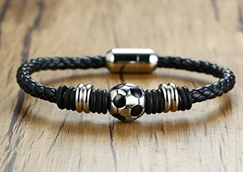 Soccer Bracelet for Boys Men Braided Soccer Leather Wristband Gifts for Son with Solid Stainless Steel Soccer Ball Charm, Customized Initial Name on Clasp, Football Jewelry gift4