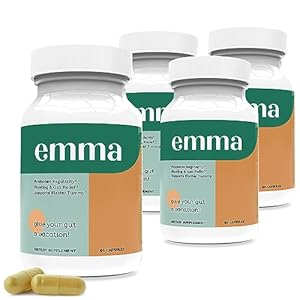 Emma Gut Health – 4 Pack – Gas and Bloating Relief, Constipation, Leaky Gut Repair – Gut Cleanse & Restore Digestion – Regulate Bowel Movement. Probiotics and Laxative Alternative, 240 Capsules