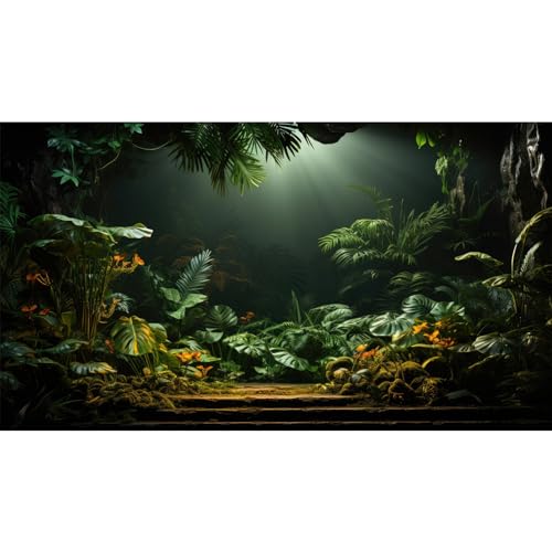 Image of Rainforest Aquarium Background Tropical Palm Leaves Fish Tank Background Jungle Style Floral Pattern Landscape Reptile Tank Backgrouds Foggy Misty Green Leaves Reptile Enclosure Backgrounds 36x24in
