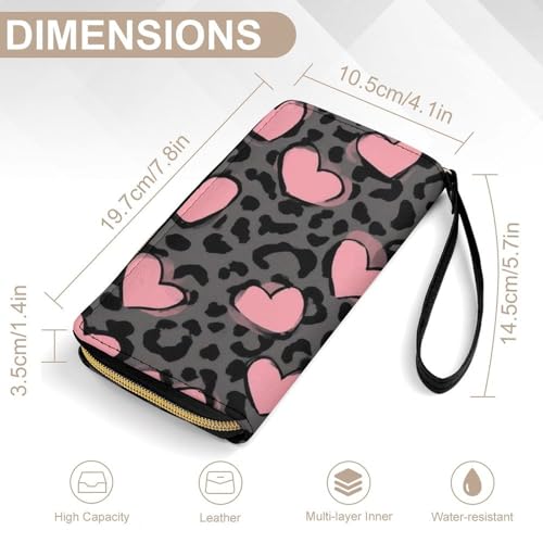 Long PU Zipper Wallet With Rope, Travel Purse Fashion Design, Huge Storage Capacity Wallet, Cute Decor Purse For Men And Women Love Heart Dark Gray Black Leopard Cheetah Print2