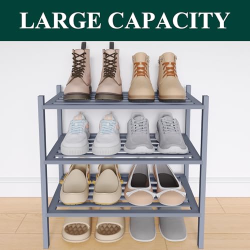 Image of Smiry Bamboo Shoe Rack, 5 Horizontal Slats, 3 Tier - 17.3 inch Wide, Grey