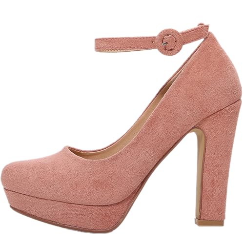 Women's Suede Ankle Strap Platform High Chunky Heel Pumps Fashion Classic Closed Round Toe Comfortable Non-Slip Dress Pumps Super High Heel Prom Party Wedding Shoes