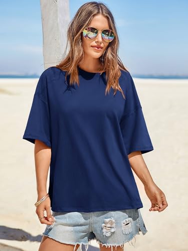 Image of Tankaneo Womens Oversized Tshirts Summer Casual Short Sleeve Crew Neck T Shirt Loose Fit Side Slit Tee Tops