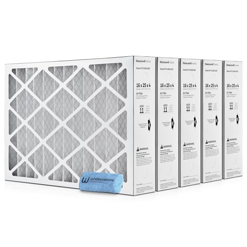 16x25x4 Air Filter Replacement MERV 11 FC100A1029 Pleated HVAC AC Furnace Filters with Wholesalehome Cleaning Cloth 5-Pack (Actual Size: 15.94 x 24.86 x 4.38 Inches)