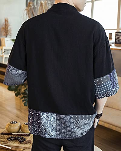Men's Japanese Kimono Cardigan Loose Cotton Linen 3/4 Sleeve Open Front Casual Summer Shirt Jackets Black X-Large #TOP7