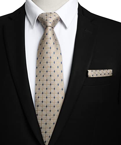 Image of HISDERN Ties for Men Plaid Checkered Tie with Pocket Square Woven Business Formal Necktie Handkerchief Set Wedding Party