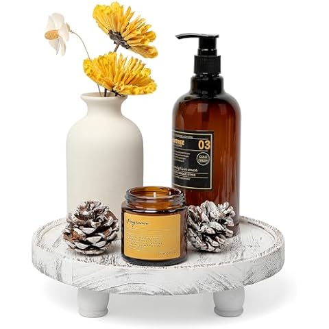 Tikea Farmhouse Wood Display Riser, 10 in. Farmhouse Pedestal Stand for Kitchen Bathroom Counter Decor, Round Display Tray for Soap Dispenser and Plant (White) Cover