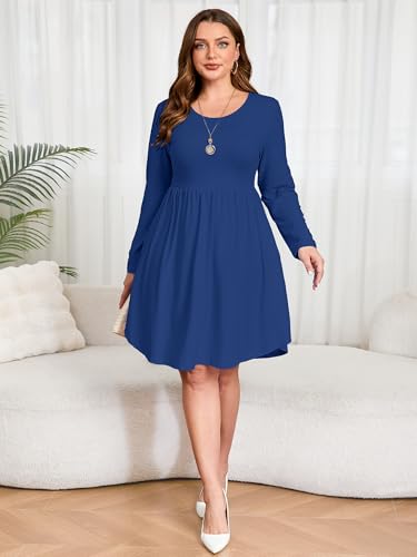 Image of AusLook Women's Plus Size Long Sleeve Midi Dress Casual Empire Waist Loose Flowy Dresses A-Line Boho Long Dress with Pockets