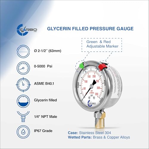 Image of 5000 PSI Glycerin Liquid Filled Pressure Gauge, 2.5 inch Dial, 1 /4 NPT Lower Mount, 304 Stainless Steel Case, Brass Wetted Parts, Dual Scale PSI /Bar - ASME B40.1 Grade A