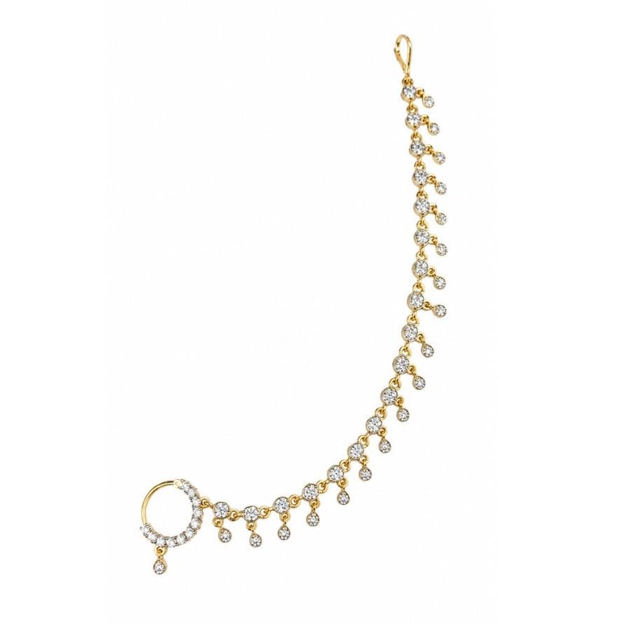 Gold-Toned Nose Ring with Chain | Crystal Embellished Style Nath | Bridal Nath for Women Traditional | AD Studded Nose Pins for Women and Girls-image-45