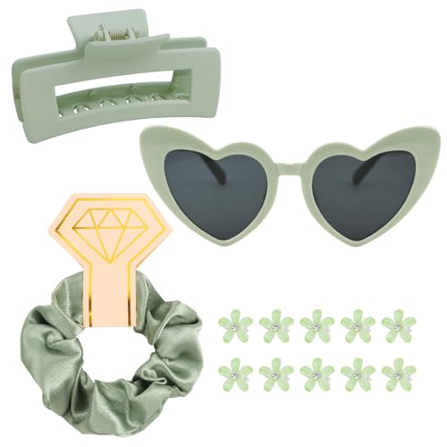 Set de regalo para damas de honor YISSION - Accesorios para cabello verde salvia y gafas de sol en forma de corazón, incluye pinza tipo claw, scrunchie de satén, clips de flores, regalos para despedidas de soltera/bodas