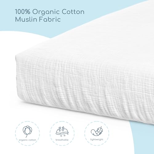 Image of Muslin Crib Sheets, 100% Organic Cotton, Breathable and Ultra-Soft, Standard Crib Sheet Mattress (28 inchx 52 inch) for Girls and Boys, Neutral Fitted Baby Crib Sheet (White)