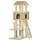 TODO EN UNO: Centro de actividades para gatos de varios niveles con postes rascadores de sisal, una escalera para gatos, una cueva, una bola colgante, un juguete en forma de molinillo con bolas en los extremos y varias plataformas