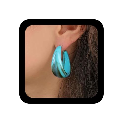 Aneneiceera Vintage Wide Turquoise Hoop Earrings Thick Turquoise Huggie Hoop Earrings Blue Gemstone Hoop Dangle Earrings Bohemia Western Earrings Jewelry for Women, Zinc