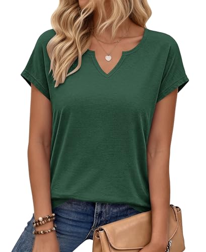 PLOKNRD T-Shirt Damen Sommer V Ausschnitt - Locker Bluse Oberteile Top Damen Leicht und Luftig mit Flügelärmeln Grün M