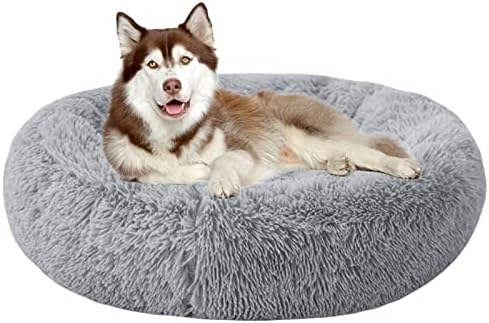 TUAKIMCE Cosy Donut Dog Bed Medium Washable, Fluffy Plush Round Donut Calming Dog Bed Cuddler Kennel Snuggle Pet Cushion Sofa Bed Medium Large Dog, Anti-Slip Bottom (Ø 80 cm, Grey)