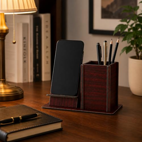 Image of Zesta Wooden Desk Organizer Pen Stand Remote Holder Card Slot | Table Accessory Office Desk Study Room | Pencil Storage Stand Stylish Workspace Decor (Rosewood, Mobile Holder + Pen Holder)