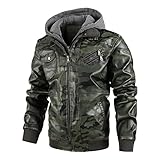 Maiyifu-GJ Camo Motorcycle Jacket for Men Faux Leather Windproof Moto Coat Vintage Bomber Hoodie with Removable Hood (Green,Small)