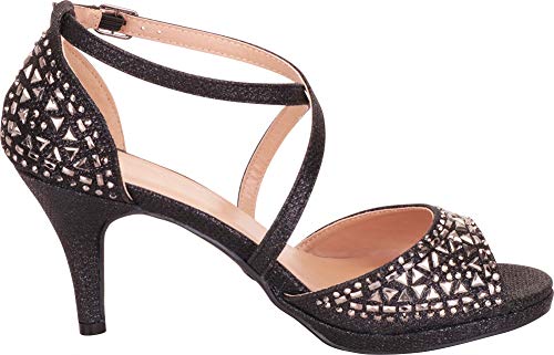 Cambridge Select Women's Open Toe Crisscross Strappy Crystal Rhinestone Mid Heel Sandal,9 B(M) US,Black Glitter - Image 4