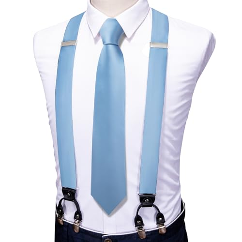 Image of Barry.Wang Unisex Adjustable Sky Blue Suspenders Tie Clip Set with Elastic Straps Y,Halloween Cosplay Christmas Dress Suspender
