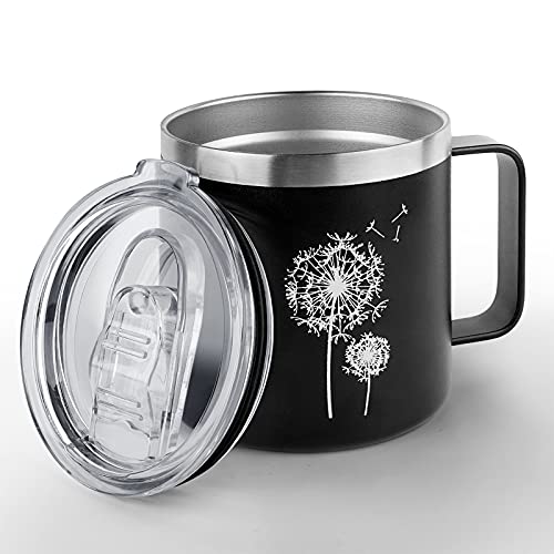 CAIRIAC Dandelion Stainless Steel Coffee Mug Cup with Handle, Double Wall Vacuum Tumbler Cup with Sliding Lid Travel, Insulated Camping Mug with Tea Flask for Hot Drink & Cold Drinks (Black)