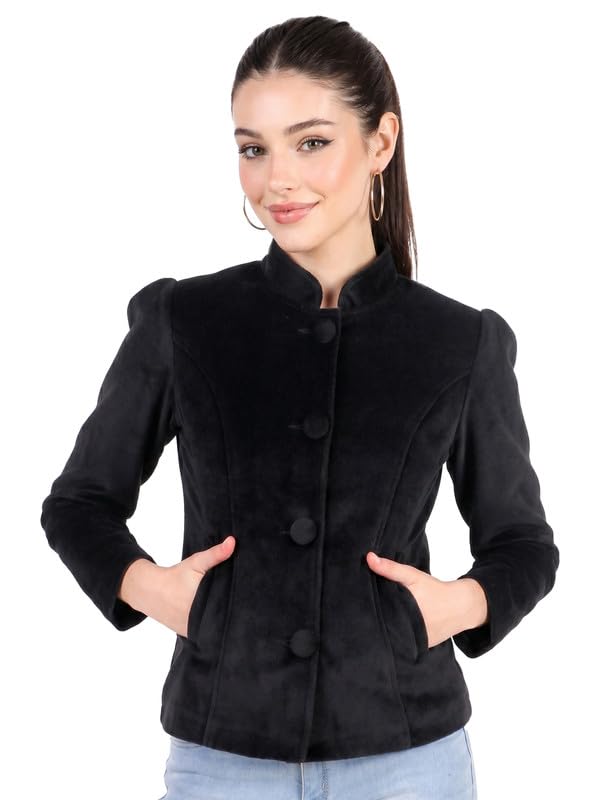 leather retail Women's Black Velvet Button Jacket-picture-35