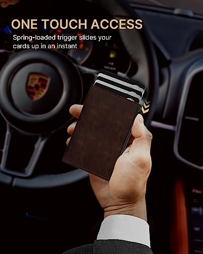 Image of typecase Mens Wallet Card Holder: Pop Up Aluminum Case, Genuine Leather, Smart, RFID Blocking, Slim, Minimalist, Front Pocket - 9-14 Card Capacity | ID Window | Cash Slot - Oil Wax Brown