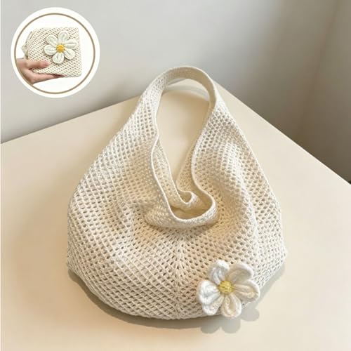 Image of 1pcs Beach Bag Crochet Bags For Women Stylish Mesh Bag, Shoulder Baging foring Everyday Use Collection, with Flower Brooch Summer Vacation Knitted Boho Bags for Women Off White