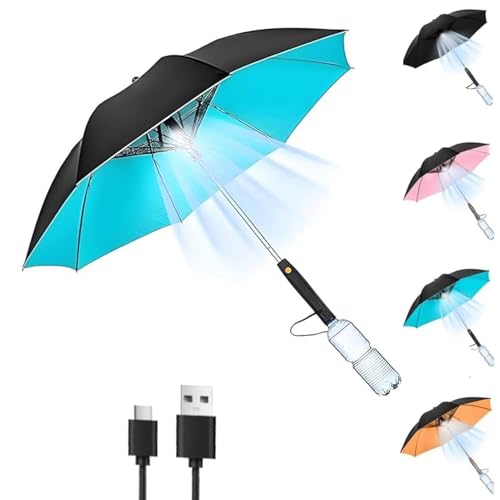 Misting Umbrella with Fan & Water Bottle, Portable 3 in 1 usb Rechargeable Sunshade, Mist Spray Sun Umbrella with Miste for Outdoor, Beach, BBQ, and Festivals, UV Blocking (Blue,Rechargeable)