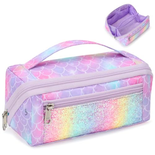 Image of Large Pencil Case for Girls, Aesthetic Pencil Pouch for School, Wide Opening Organizer Box with Handle, Fits 50 Pens & Markers (Glitter Purple Mermaid)