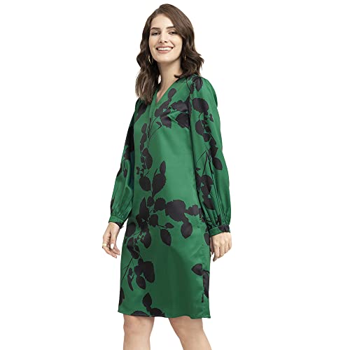 Image of FableStreet Women's V-Neck Green Satin Floral Dress