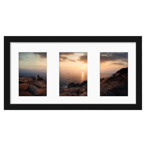 KINLINK 8x16 Panoramic Collage Picture Frame, Black Solid Wood Frame with HD Plexiglass for Multiple Three 4x6 Photos with Mat or 8x16 without Mat, Tabletop and Wall Mounting Display 1 Pack
