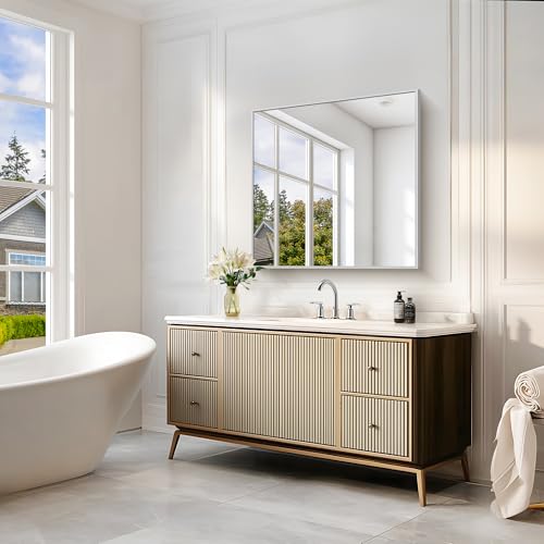 Image of COFENY Silver Bathroom Mirror for Wall, 30x30 Inch Square Mirrors with Metal Frame, Modern Vanity Wall Mirror Decor for Bathroom Sink, Living Room, Entryway Hangs Horizontal or Vertical