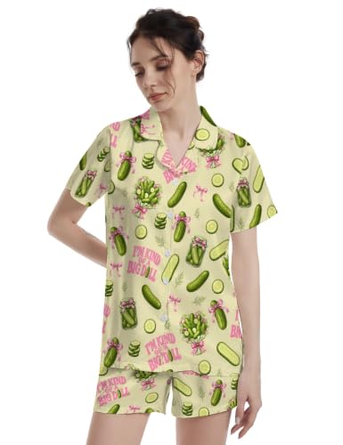 Image of Funny Pajamas for Women Set Print Satin Loungewear Pjs Short Sleeve Button Down Top and Shorts Sets Sleepwear XS-3XL