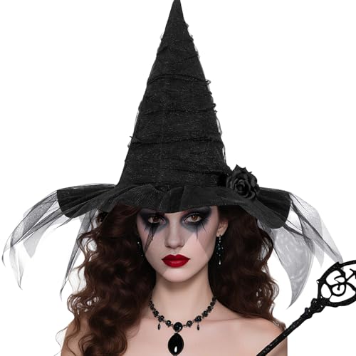 Fonyet Halloween Hexenhut Damen Sexy Hexenhut mit Schleier und Rosen, Hexenkostüm Accessoires Hexe Verkleiden Zubehör Hexen Kopfschmuck für...