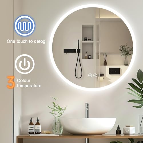 Trintion LED Spiegel Bad mit Beleuchtung 60cm Rund - Dimmbar mit 3 Lichtfarben (3500K-6500K), Touch-Schalter, Beschlagfrei - Badezimmerspiegel mit Licht für Make-up & Rasur 5