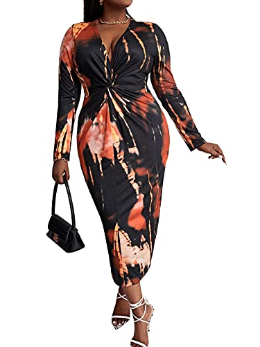 SOLY HUX Women s Plus Size Tie Dye Deep V Neck Twist Front Long Sleeve Bodycon Dress Multicoloured 4XL