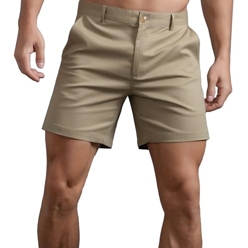 Mens All Cotton Buckle Short Above Knee Simple Slim Fit Shorts Straight Leg Skinny Stretch Short (Khaki,X-Large)