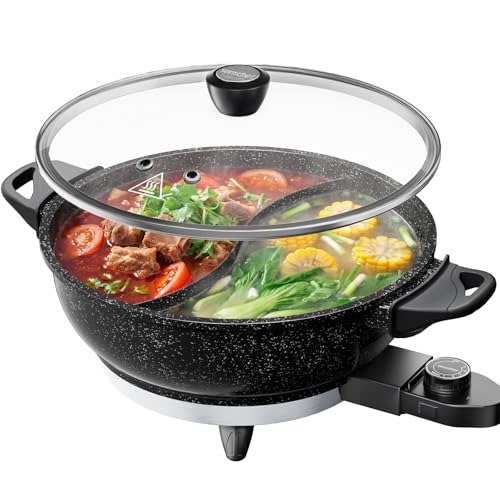 SENSCHEF TWIN™ Electric Hot Pot with Divider | EvenHeat Cast Aluminum Non-Stick Pot for No-Spot Cooking | 1500W Fast Heating | Dual-Flavor Shabu Shabu Pot for | 1-Yr Warranty | Granite Black
