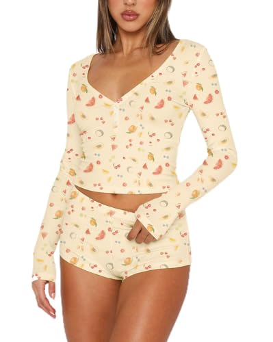 Image of REVETRO Fall Womens 2 Piece Pajama Sets Sexy PJ Shorts Y2k V Neck Long Sleeve Lounge Set Sleepwear with Button Down