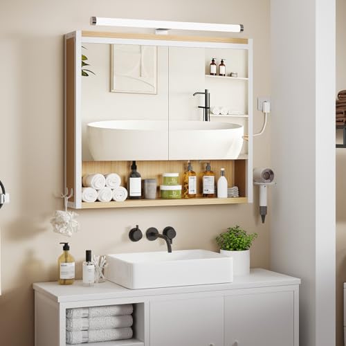 ELUCHANG Miroir Salle de Bain avec Eclairage,Armoire Salle de Bain Étagère Réglable,60x15x60cm,Support pour Sèche-Cheveux,Crochets,Meuble Salle de Bain,...